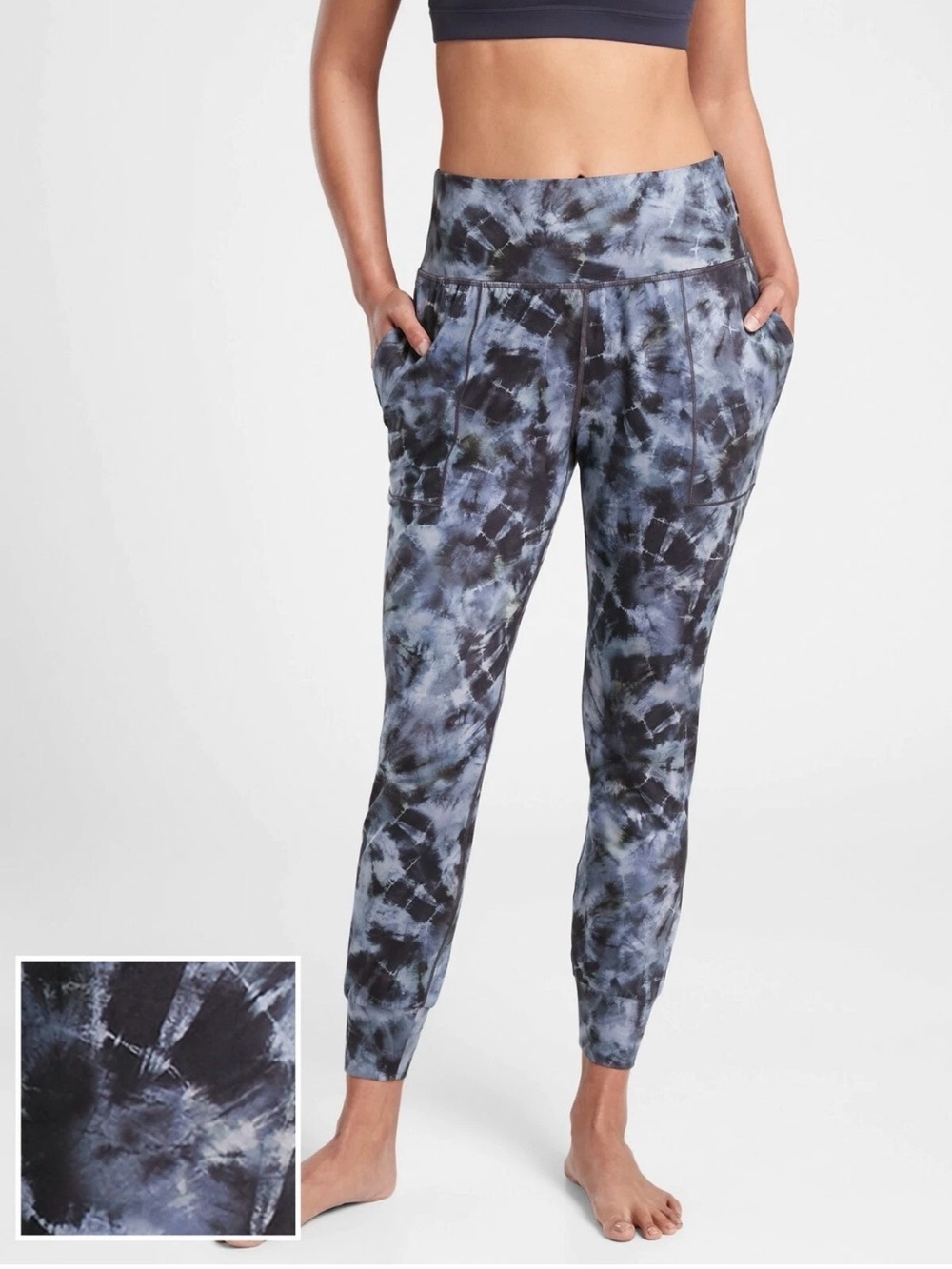 Athleta Tie-Dye Salutation Printed Jogger in Black and Blue